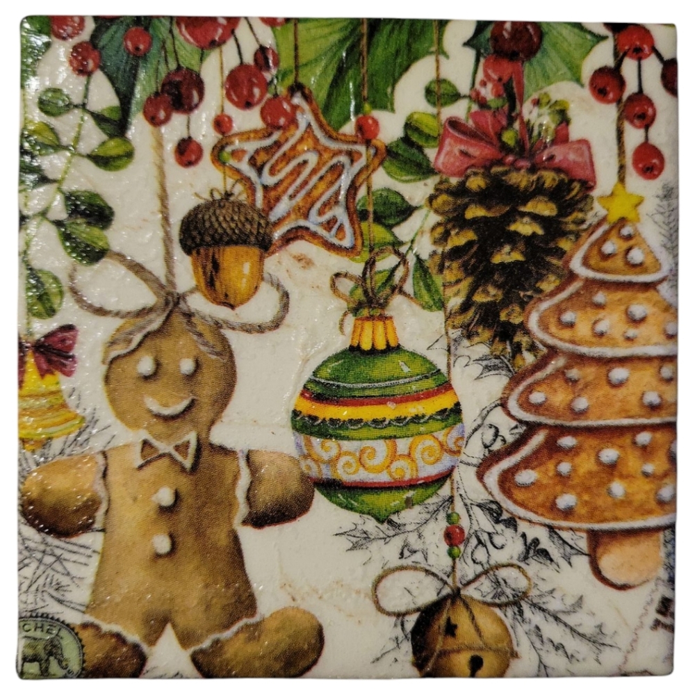 Vtg Christmas Coaster Gingerbread Man Ornament Tree Acorn Pine Cone Jingle Bell